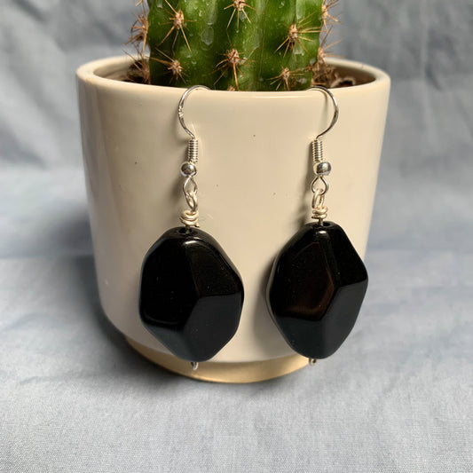 large black diamond shaped earrings hang off a white plant pot containing a cactus