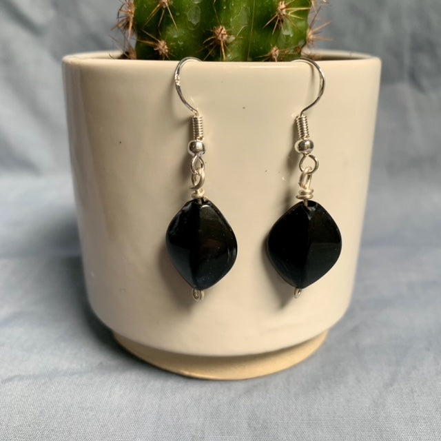 Black diamond shaped earrings hang off a cactus plant pot