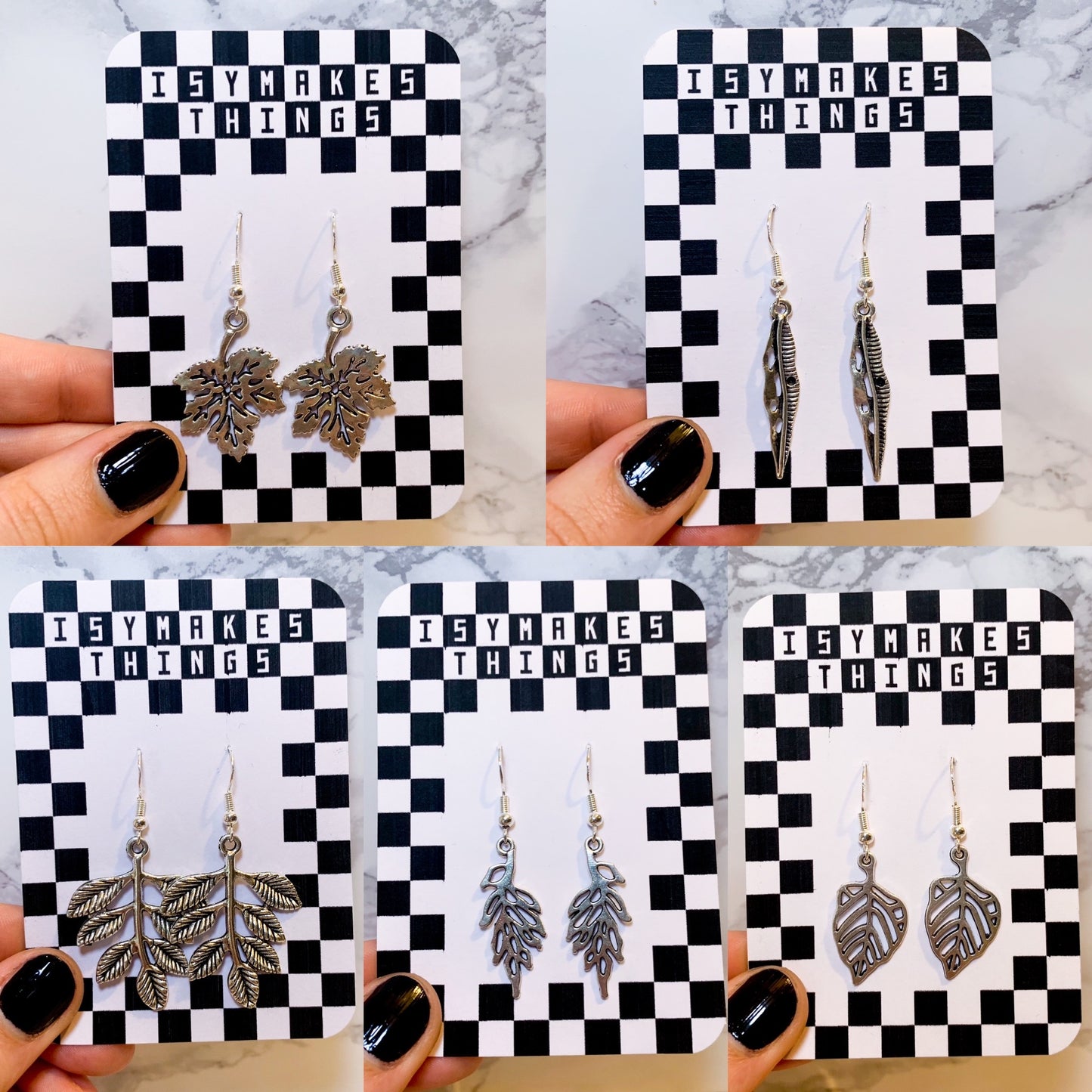 Silver leaf dangle earrings on a black and white checkered backing card with the title isymakesthings