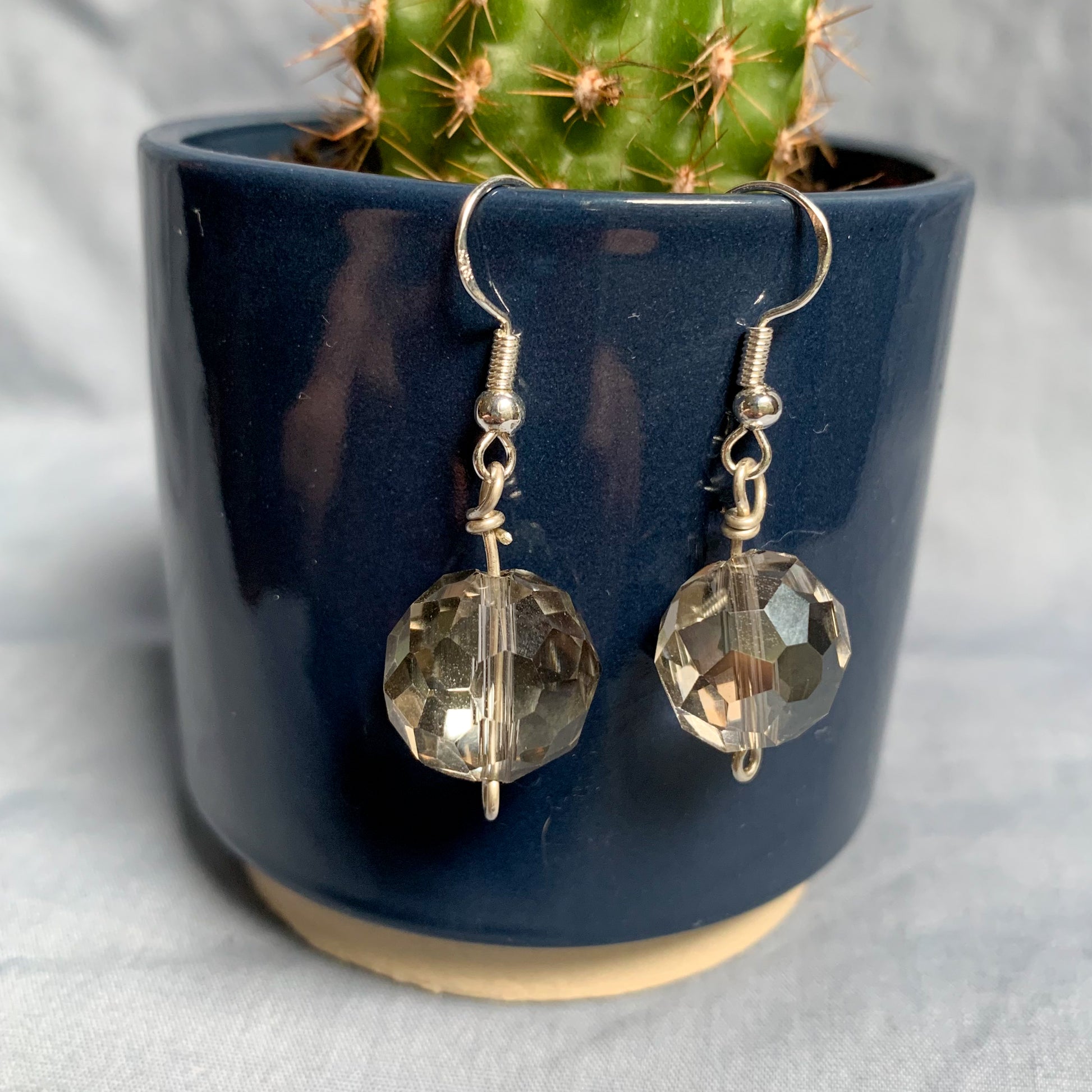 Shiny geometric clear ball earrings hang off a dark blue cactus plant pot