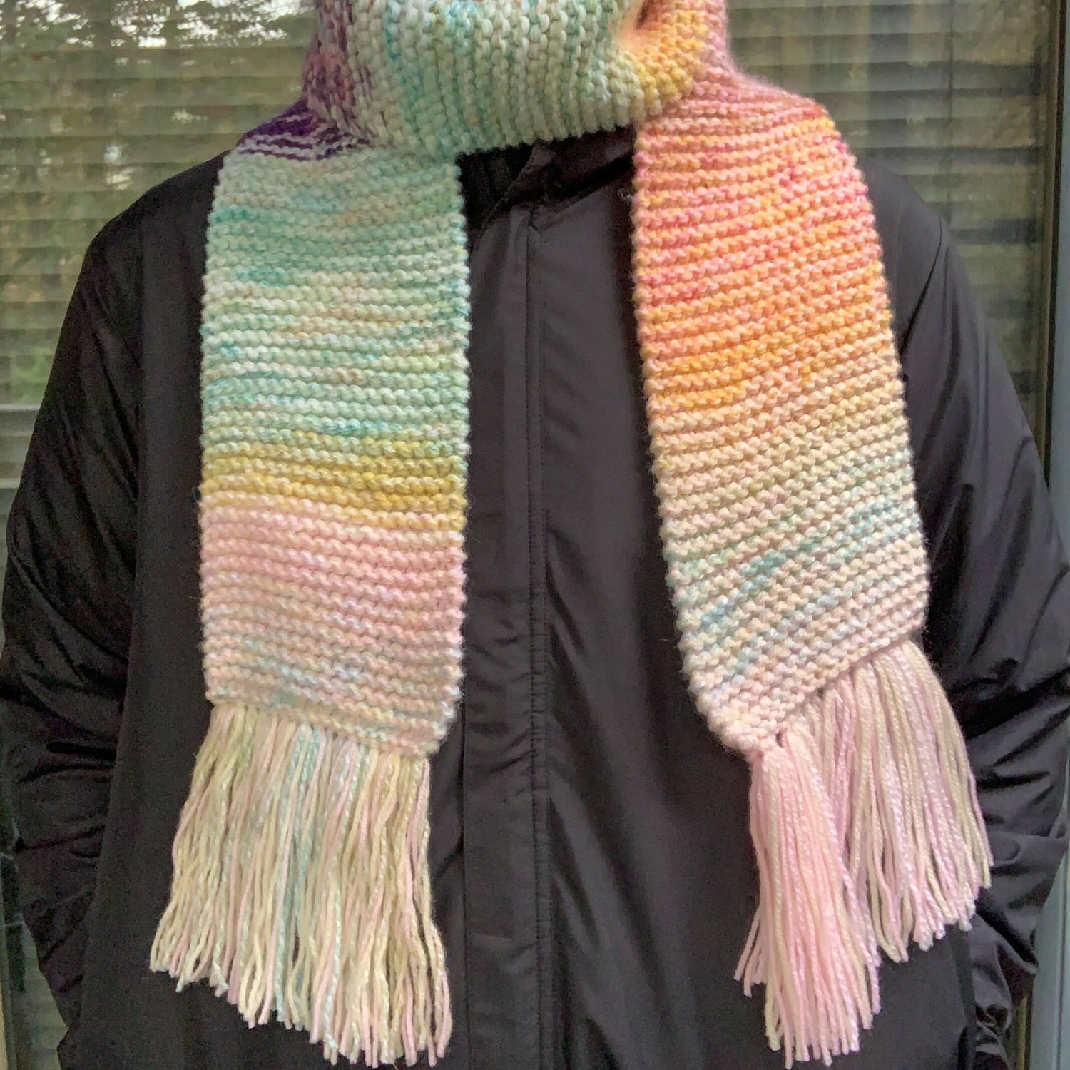 Multicolour rainbow knitted tasseled scarf