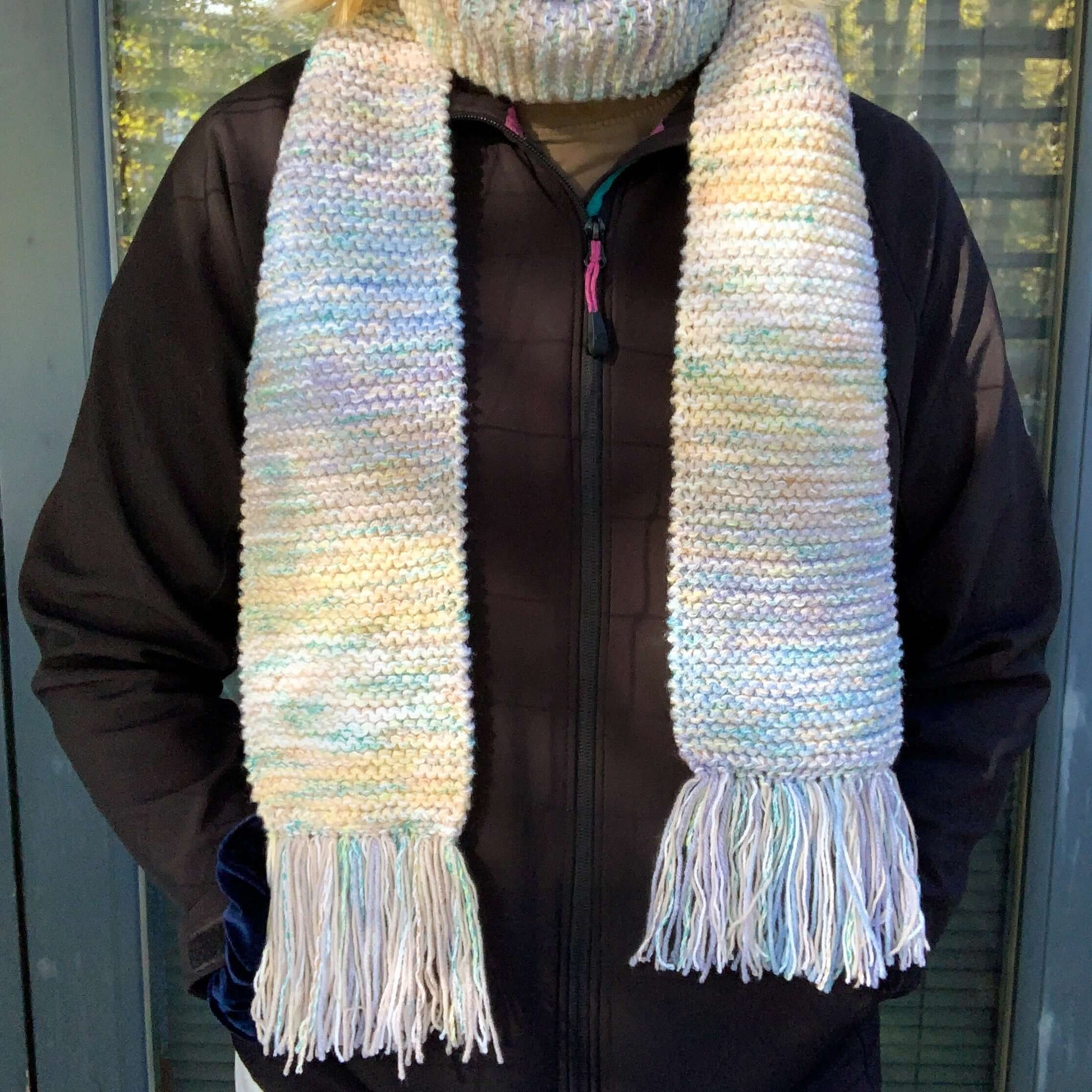 blue purple and cream mixed gradient knitted tasseled scarf