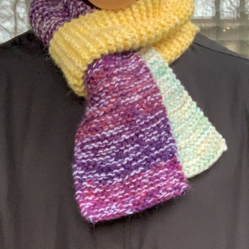 A green purple yellow and pink colour block knitted scarf is wrapped round a persons neck and threaded through itself