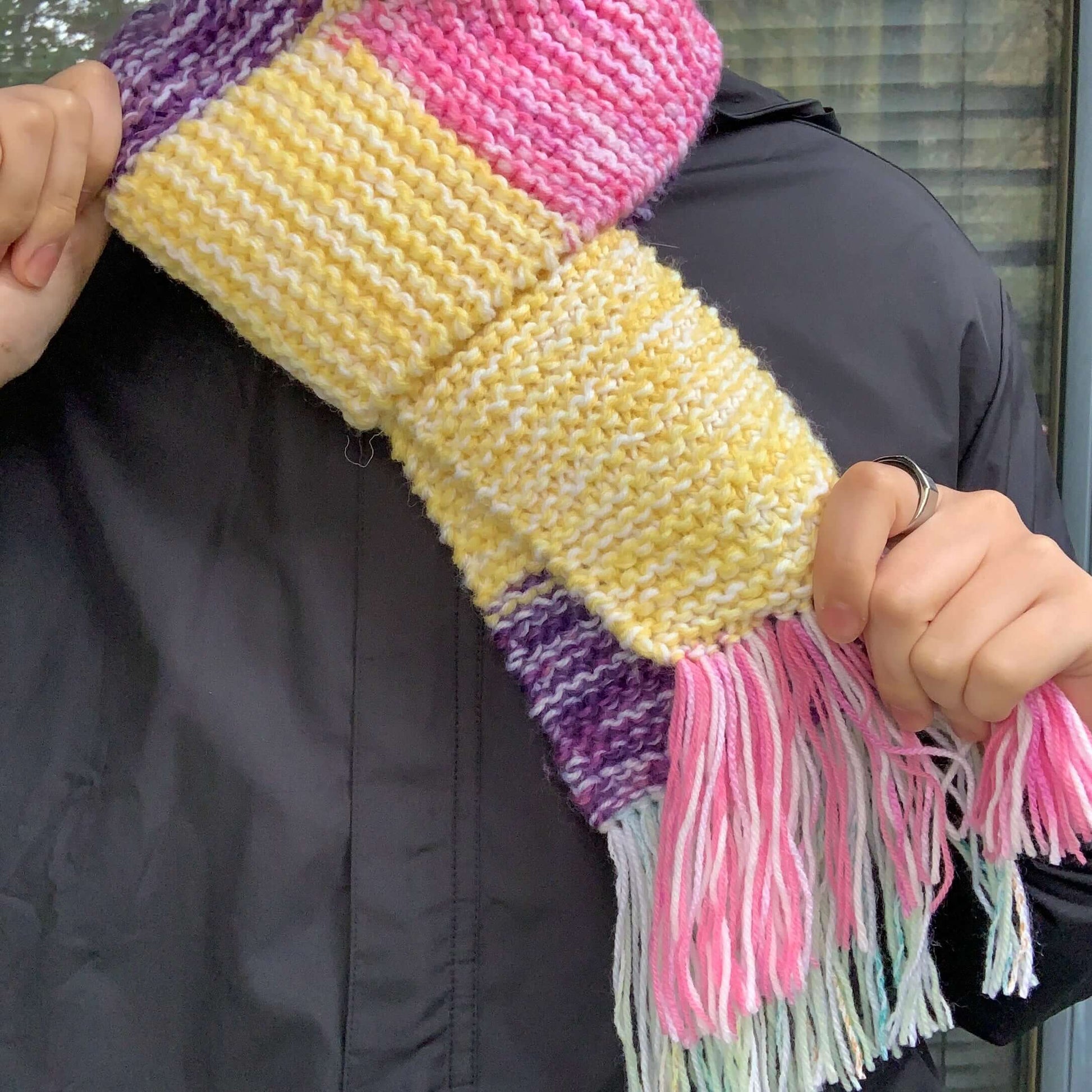 green purple yellow and pink colour block knitted tasseled scarf