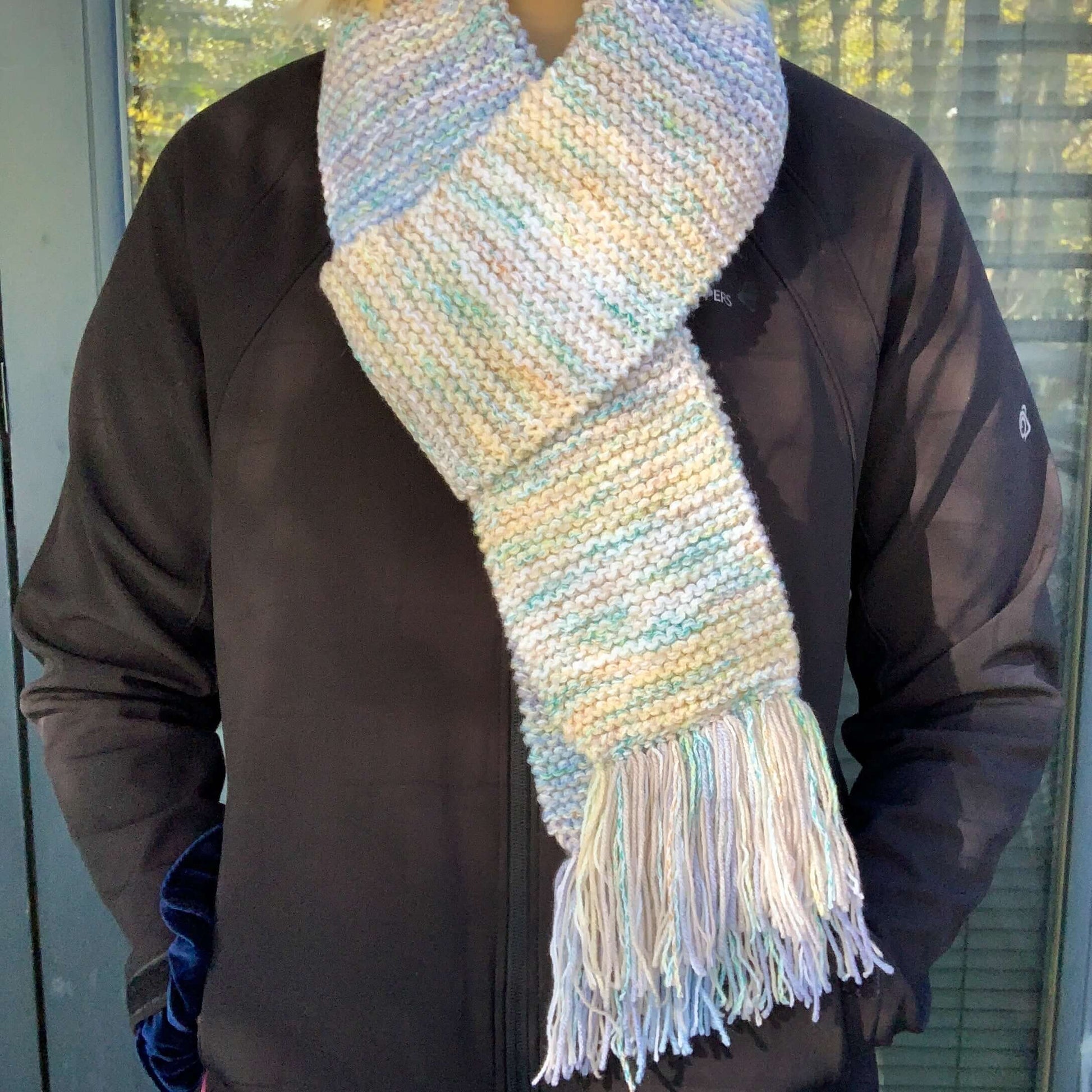 blue purple and cream mixed gradient knitted tasseled scarf