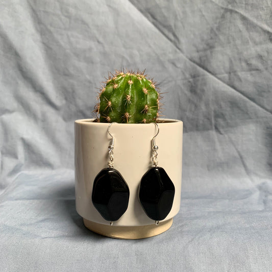 large black diamond shaped earrings hang off a white plant pot containing a cactus