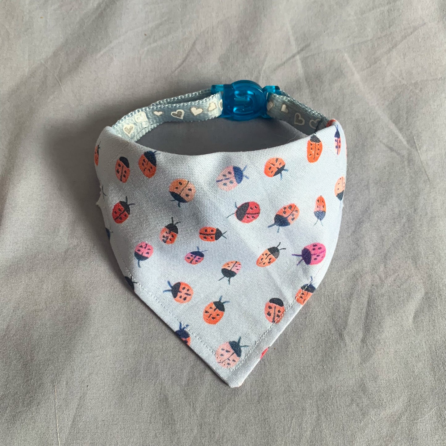 a blue ladybird polkadot triangle cat bandana on a blue collar sat on a blue background