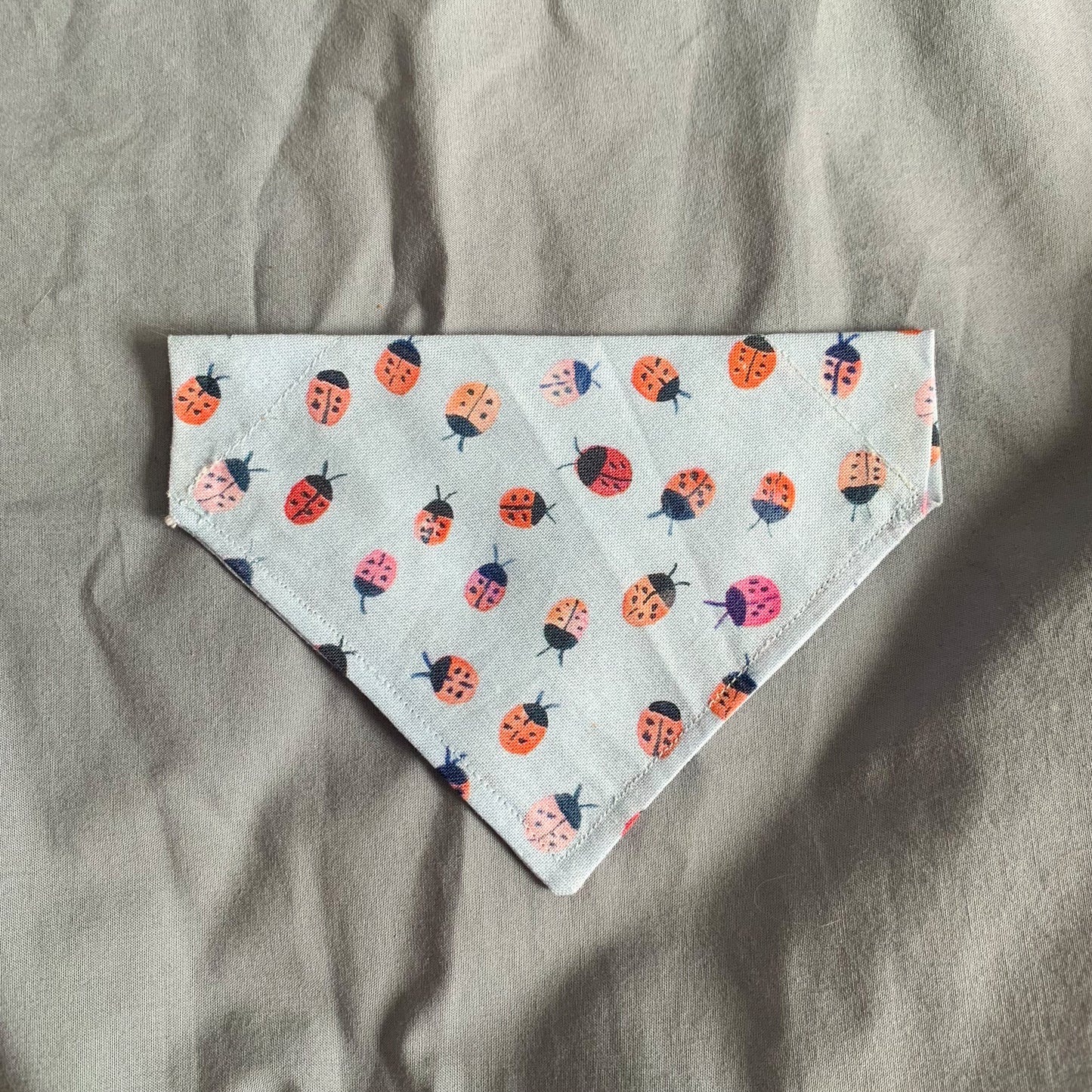 a blue ladybird pattern triangle cat bandana laying on a blue background