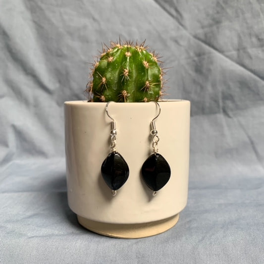 Black diamond shaped earrings hang off a cactus plant pot