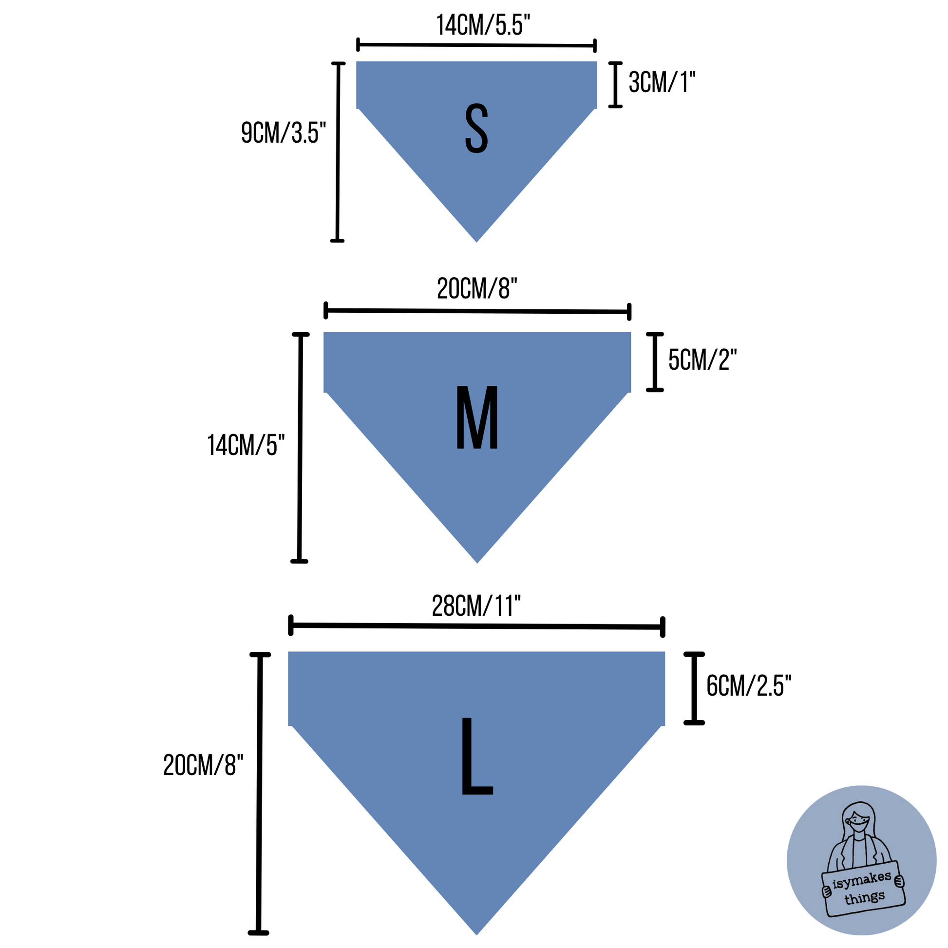 size guide: small 9cm tall 14cm wide, medium 14cm tall 20cm wide, large 20cm tall 28cm wide