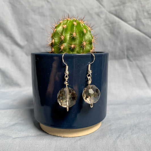 Shiny geometric clear ball earrings hang off a dark blue cactus plant pot