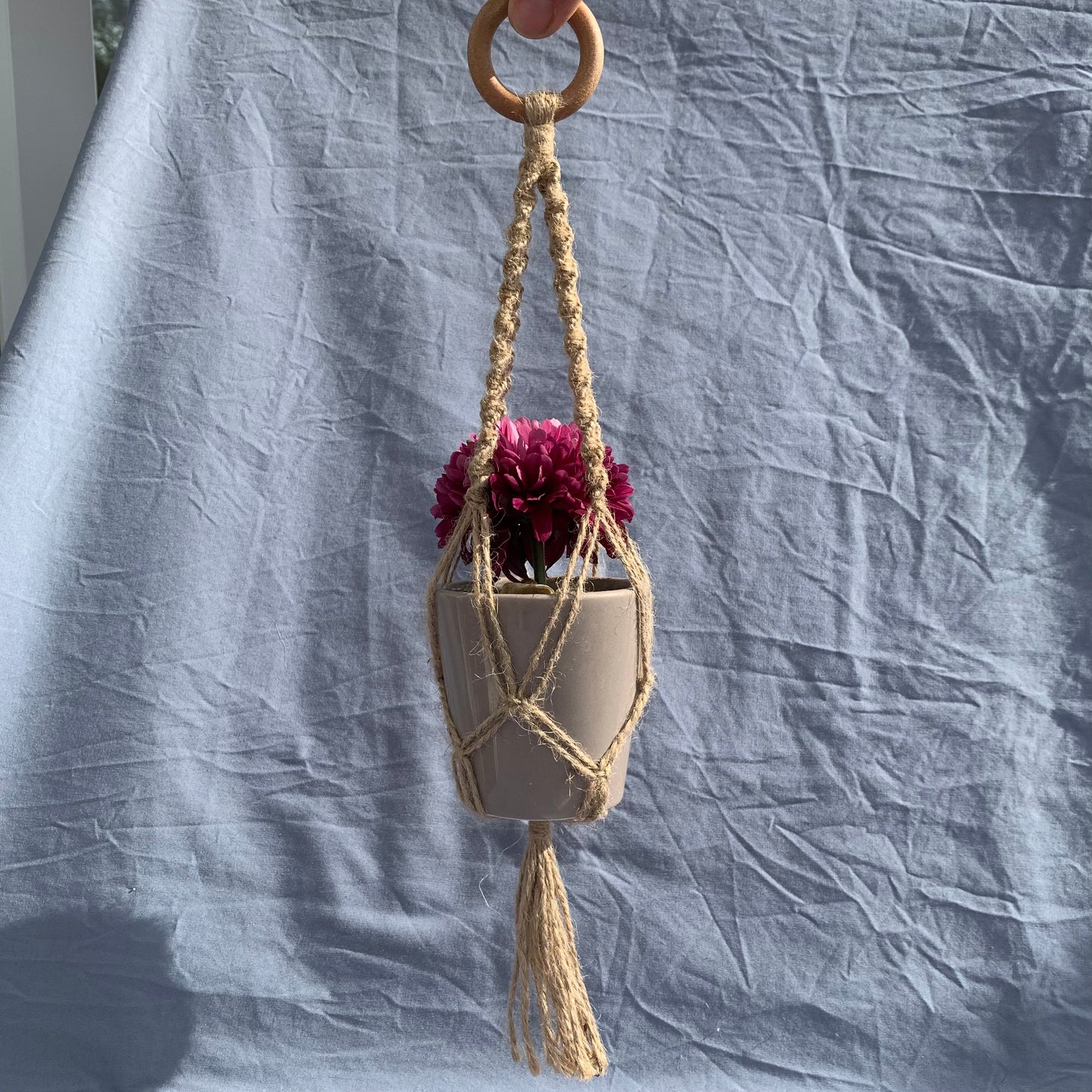 a twine double helix macrame plant hanger holding a greyish pot with a purple flower inside, against a blue background